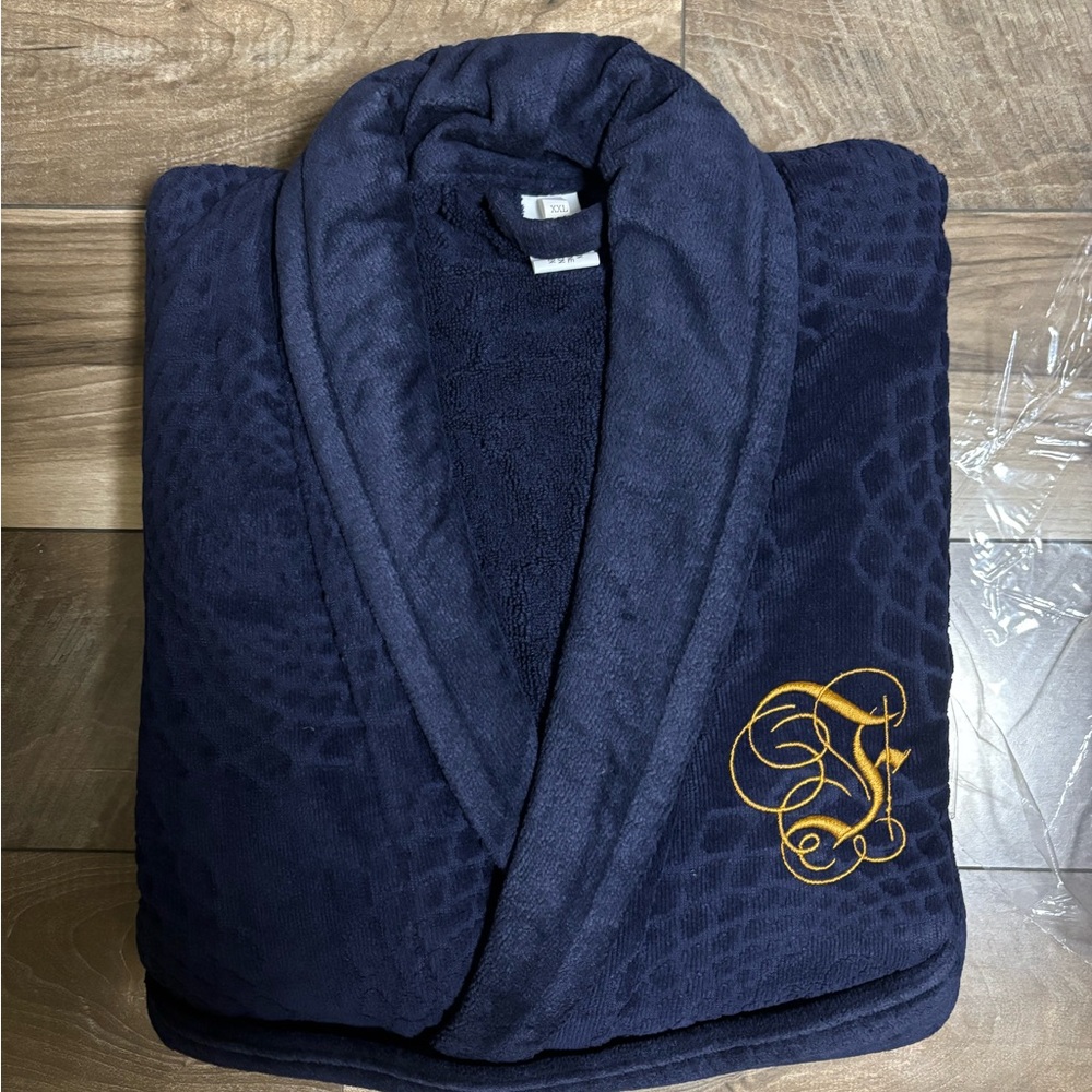 Luxurious Navy Blue Bathrobe with Gold Embroidery